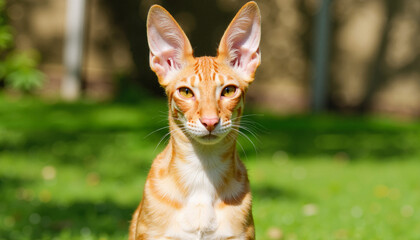 Oriental Shorthair cat sitting on grass in a sunny garden
