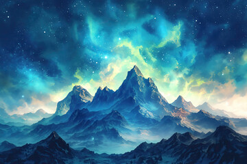 A Captivating Watercolor Painting of a Glowing Mountain Range Under a Starry Night