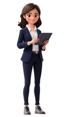A professional woman in a suit holding a tablet, exuding confidence and readiness for work or a presentation.