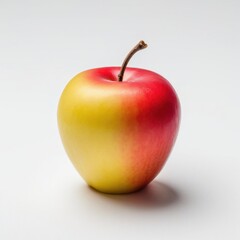 A stunning two-toned apple with a vibrant red and golden-yellow gradient, complete with a natural brown stem, displayed on a clean white background. Generative, AI,