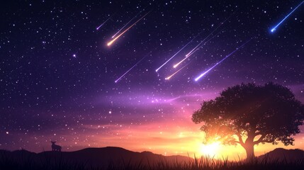 Obraz premium Starry twilight background with animated animals gazing at shooting stars, calm and magical mood for children