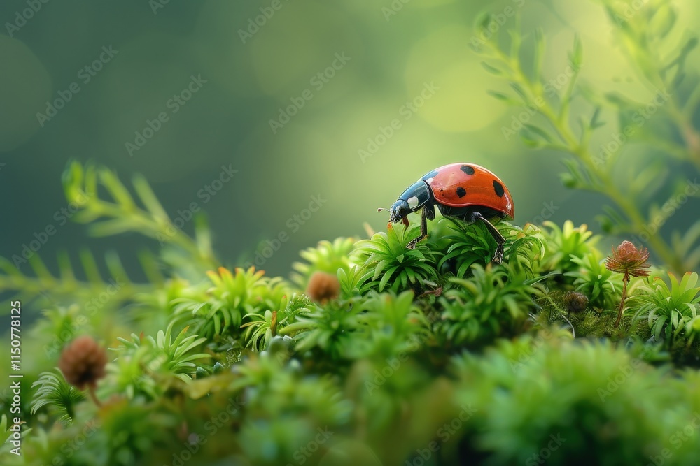 Poster Close-up of a vibrant insect exploring colorful moss in a forest setting during daylight hours in nature's habitat