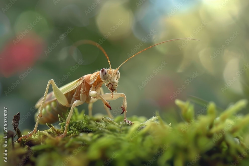Poster Close-up of a vibrant insect exploring colorful moss in a forest setting during daylight hours in nature's habitat