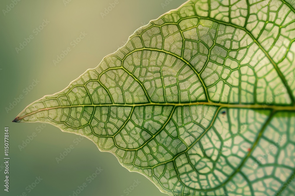 Poster Detailed close-up of a green leaf showcasing intricate vein patterns against a softly blurred background in natural light
