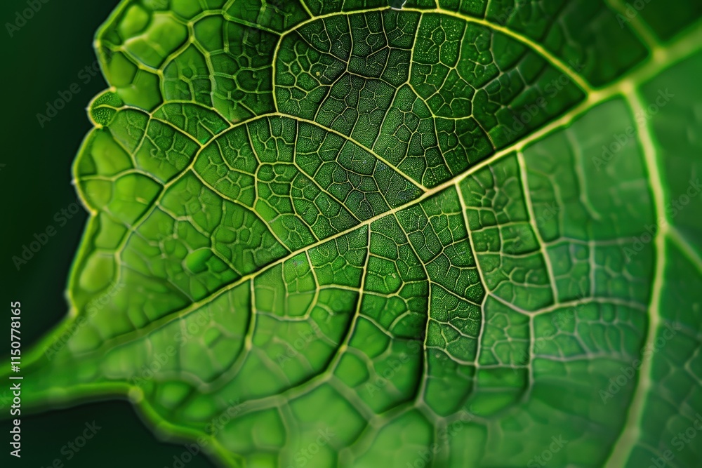 Poster detailed close-up of a green leaf showcasing intricate vein patterns against a softly blurred backgr