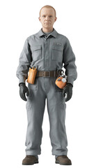 Naklejka premium A figure in a gray jumpsuit with gloves, holding tools, likely representing a technician or worker in a specific industry.