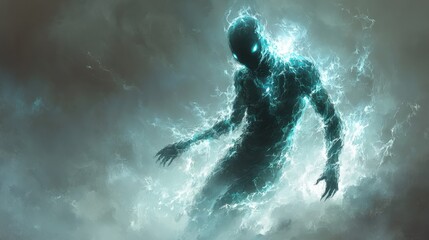 Ethereal figure surrounded by electric energy in a stormy atmosphere.