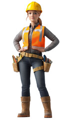 A female construction worker in safety gear, including a hard hat and reflective vest, stands confidently with tools at her waist.