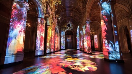 Discover the enchanting vibrancy of light projections showcased in a historic setting