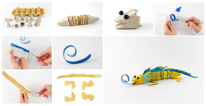 Step-by-step tutorial for crafting a colorful lizard from recycled cardboard and paper, eco-friendly DIY project with instructions and materials, creative recycling concept for design and teaching,