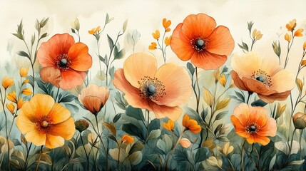 Fototapeta premium Vibrant Watercolor Poppies and Wildflowers in Soft Pastel Tones