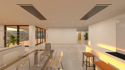 大きな窓があるリビングダイニング　3DCGレンダリング
