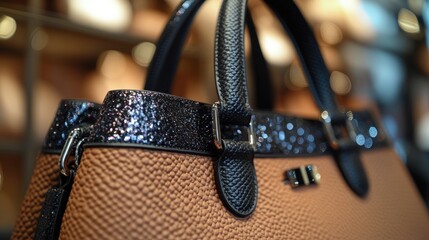 Close-up view of a sophisticated Mocha Mousse leather handbag with holographic straps