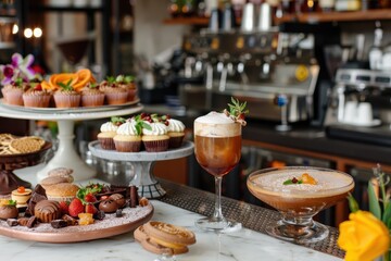 Naklejka premium Indulging in a dessert spread with cocktails at a stylish cafe during a lively evening