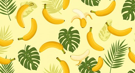 Fototapeta premium Vibrant tropical seamless pattern of yellow bananas and green palm leaves on pale background, concept for food packaging design, summer product promotion and fruit brand identity