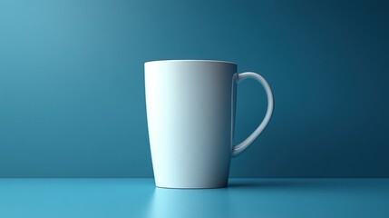 White mug on teal surface.