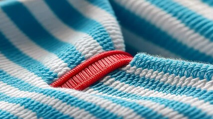 Close-up view of a striped fabric featuring a vibrant red tag, showcasing intricate stitching and design details