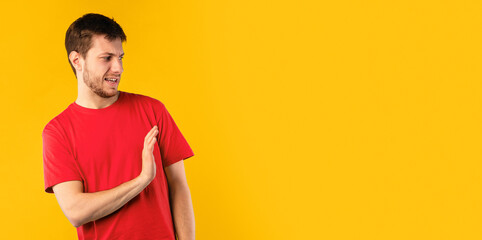 Eww, Expression Of Disgust. Portrait of irritated bearded man holding hand for rejection, showing...