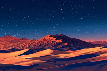 Expansive desert landscape under a starry night sky showcasing rolling dunes and distant mountains at twilight near a tranquil oasis