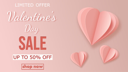 Valentine's Day sale, template discount banner design with realistic paper cut layered hearts to promote purchases in the winter season. modern light vector illustration en pale pink tones. 