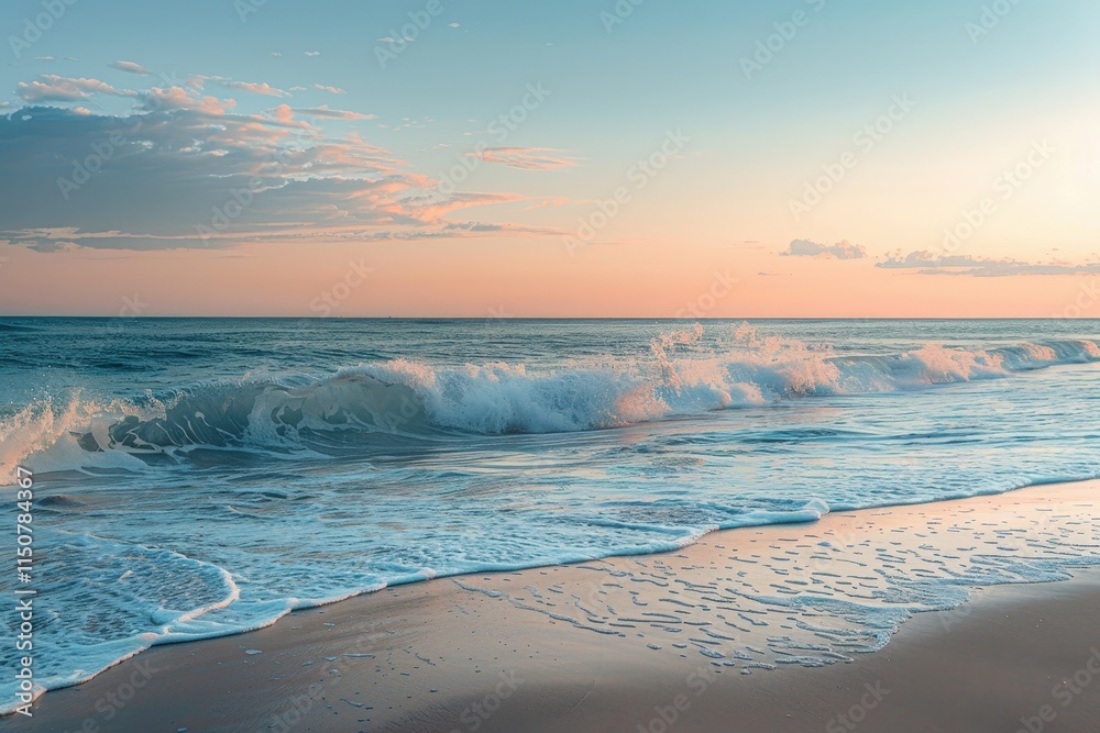 Poster sunset over the ocean with waves crashing on the sandy beach in a tranquil coastal setting during ea