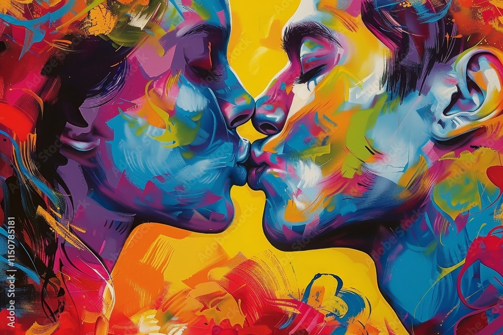 Poster colorful abstract painting of two faces emerging from vibrant swirls, representing love and connecti
