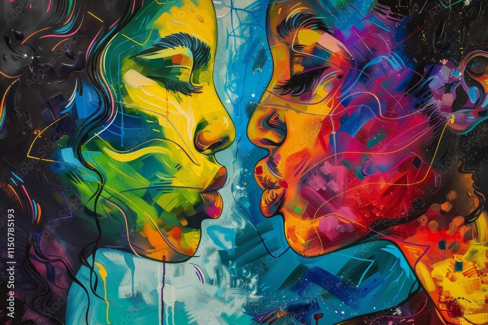 Poster colorful abstract painting of two faces emerging from vibrant swirls, representing love and connecti