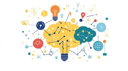 a creative mind map chart clipart, brainstorming process element, colorful connected nodes, flat design, isolated on white background 
