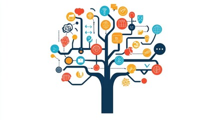 a creative mind map chart clipart, brainstorming process element, colorful connected nodes, flat design, isolated on white background 