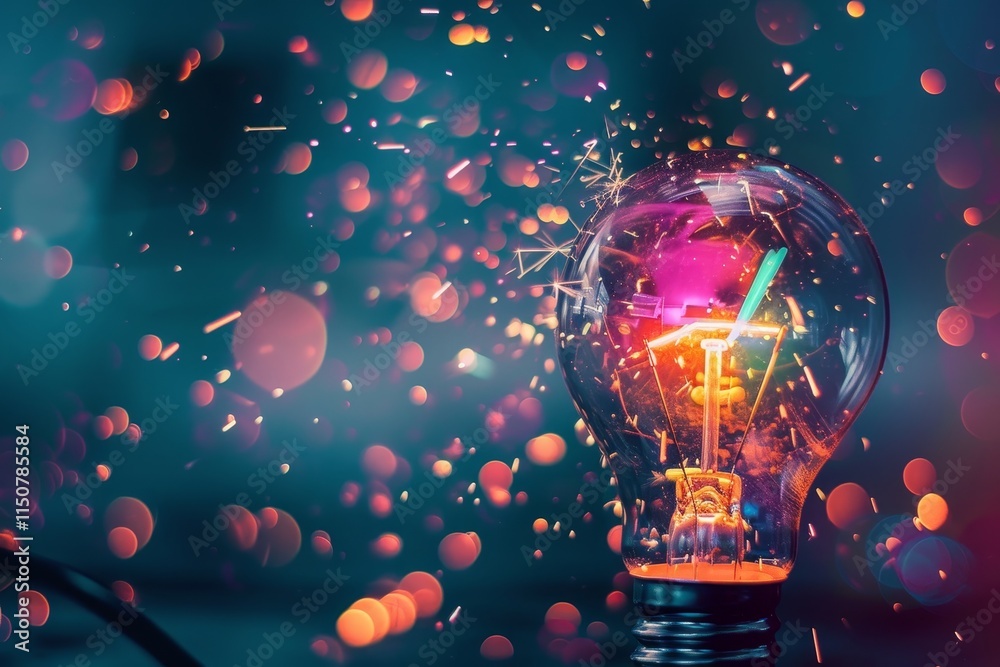 Poster Sparkling light bulb illuminating colorful bokeh against a dark background during a creative still life session