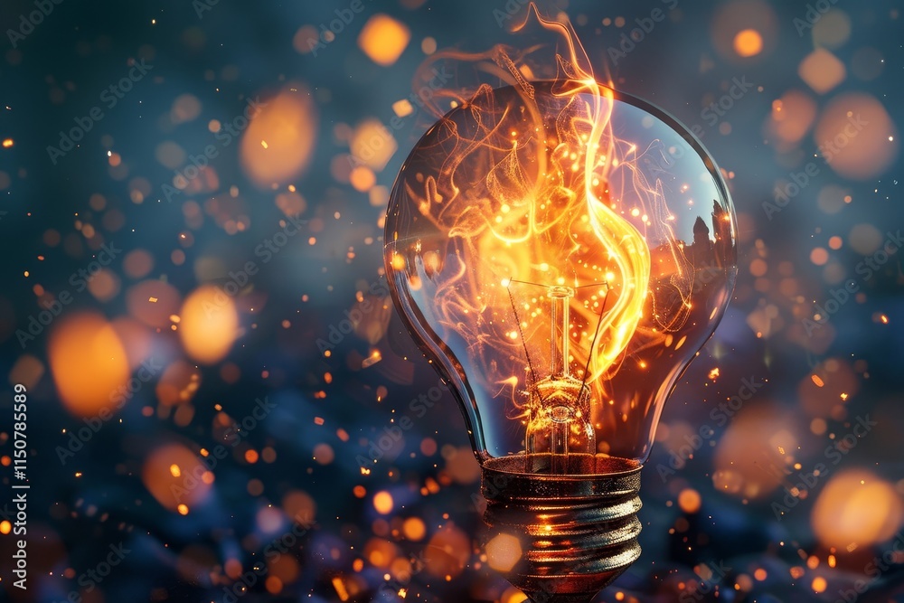 Poster Sparkling light bulb illuminating colorful bokeh against a dark background during a creative still life session