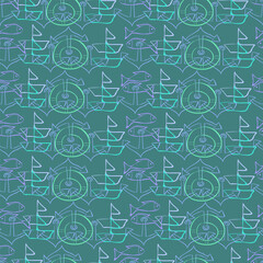 Seamless pattern with marine elements in neon style in green turquoise tones 