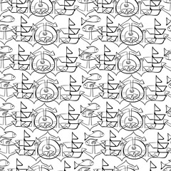 Seamless pattern with marine elements in black and white 