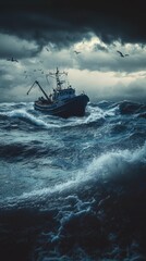 Small fishing vessel navigates stormy sea, birds fly overhead.
