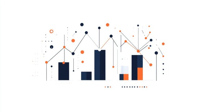 a flat column and line overlay chart clipart, hybrid graph element, corporate style, navy and orange, isolated on white background