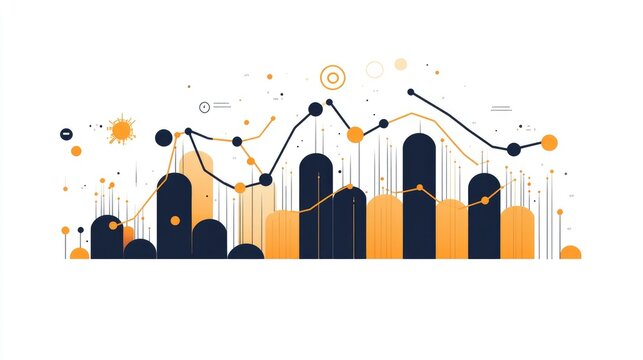 a flat column and line overlay chart clipart, hybrid graph element, corporate style, navy and orange, isolated on white background