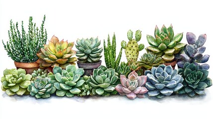 Fototapeta premium Vibrant Collection of Diverse Succulents in Flower Pots