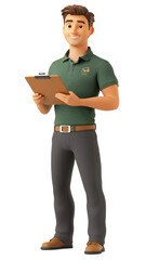 A cartoon-style young man stands holding a clipboard, dressed in a green shirt and gray pants, suggesting a professional or service role.