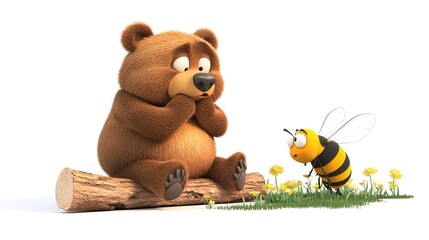 Fototapeta premium Adorable 3D Cartoon Brown Bear Crying on a Broken Log While a Giant Bee Taps Its Cheek, Expressing Emotion and Humor in a Playful Scene