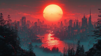 Fototapeta premium Dystopian Urban Landscape at Sunset with Red Sky and Silhouetted City