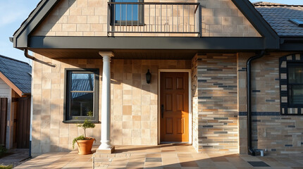 House Exterior with Tan Stone Cladding and Wooden Door