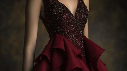 Mocha Mousse cocktail dress features dark red layers and metallic embellishments