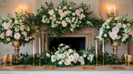 Elegant Gold-Themed Floral Arrangement for a Wedding Reception Luxurious Indoor Setting Romantic Ambiance with Soft Lighting