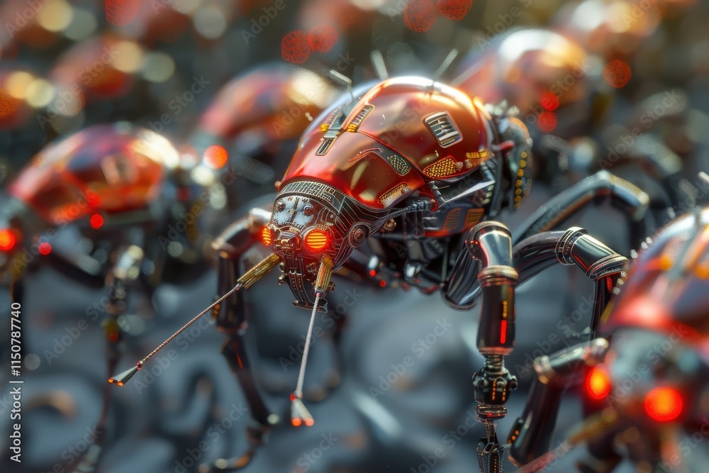 Aufkleber robotic insects with glowing red eyes exploring a futuristic landscape filled with intricate details