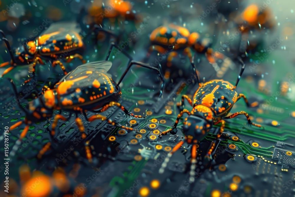 Aufkleber robotic insects with glowing red eyes exploring a futuristic landscape filled with intricate details