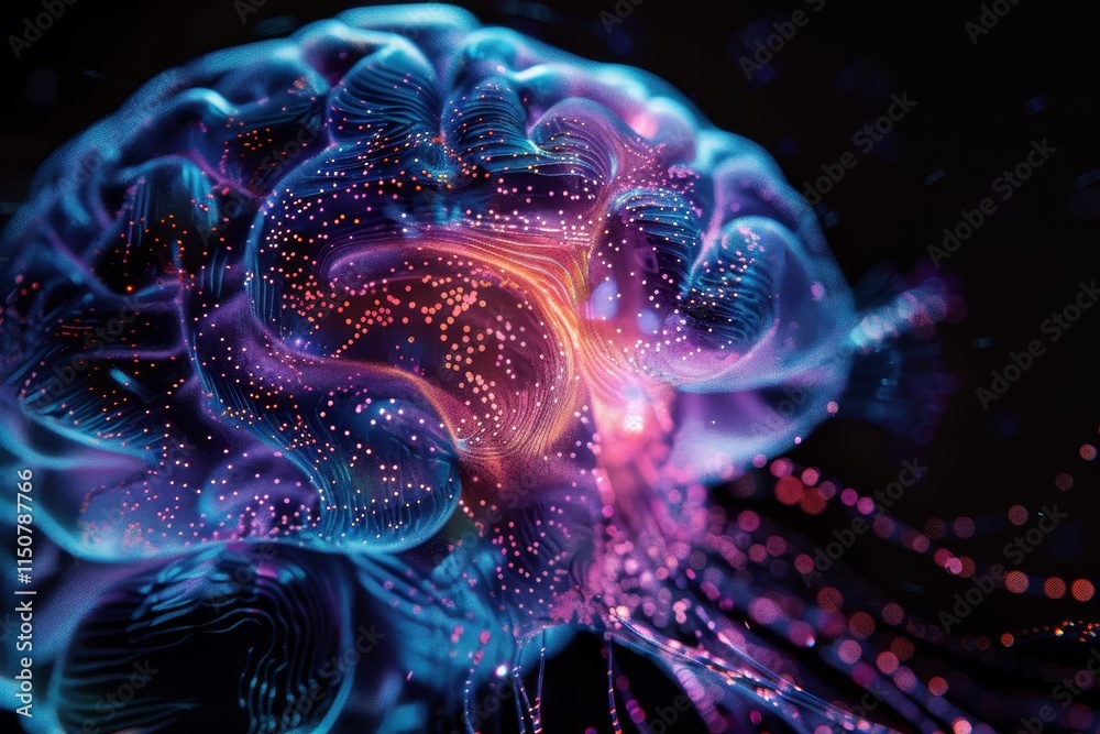 Poster colorful digital representation of a brain with intricate patterns glowing in various shades during 