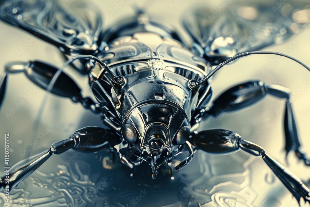 Poster robotic insects with glowing red eyes exploring a futuristic landscape filled with intricate details