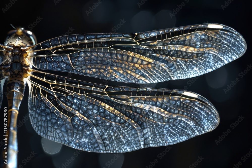 Aufkleber Captivating close-up of a dragonfly showcasing its intricate wings and body structure against a dark background in a studio setting