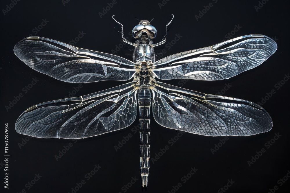Aufkleber Captivating close-up of a dragonfly showcasing its intricate wings and body structure against a dark background in a studio setting