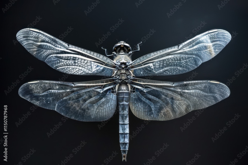 Aufkleber Captivating close-up of a dragonfly showcasing its intricate wings and body structure against a dark background in a studio setting